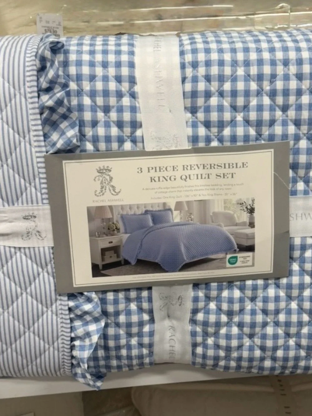 Rachel Ashwell King Reversible Quilt Set Blue/White Gingham, Pin Stripes &Ruffle